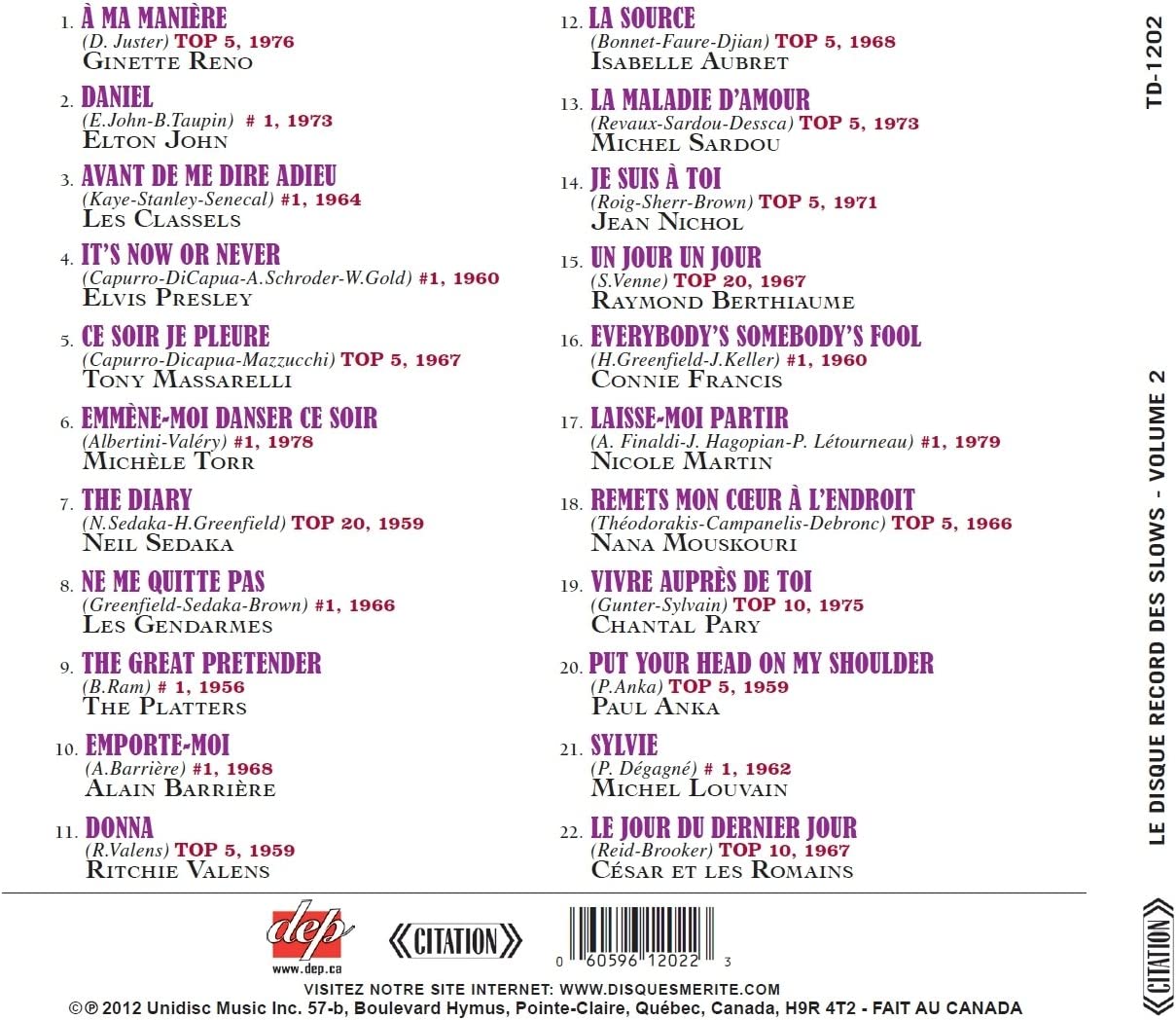 Le Disque Record Des Slows,  Volume 2 [Audio CD] Artistes Variés