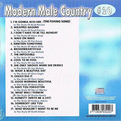 In The Style Of: Modern Male Country: Country Karaoke Classics CDG [Audio CD] Karaoke - In The Style Of: Brad Paisley/ Steve Azar/ Pat Green/ Mark Wills/ Joe Nichols/ Chris Cagle/ Steve Holy/ Darryl Worley./ Dierks Bently/ Rodney Atkins/ Keith Urban/
