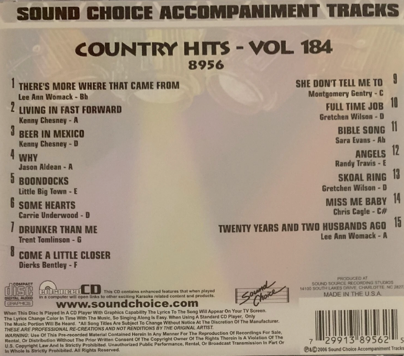 KARAOKE SPOTLIGHT - COUNTRY HITS VOL. 184 (CD+G) [Audio CD] Sound Choice