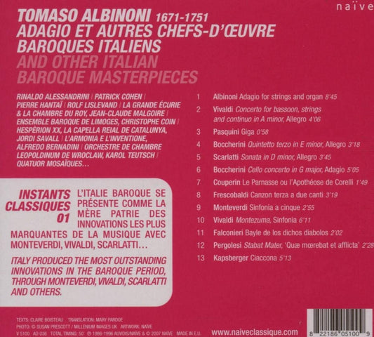 Adagio & Other Baroque Masterpieces [Audio CD] ALBINONI/TOMASO, Fabio Biondi, Rinaldo Alessandrini, Pierre Hantai, Quatuor Mosaiques and Albinoni Tomaso