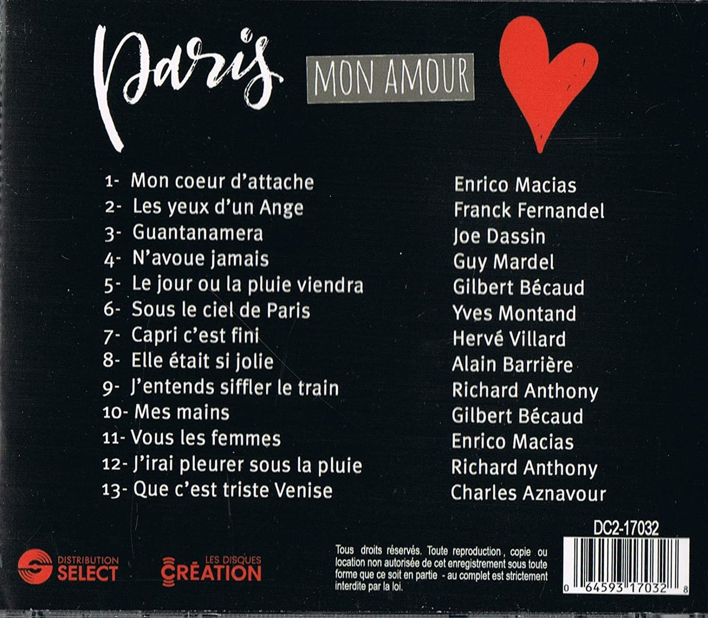 Paris Mon Amour [Audio CD] Enrico Macias/ Franck Fernandel/ Joe Dassin/ Guy Mardel/ Gilbert Becaud/ Yves Montand/ Hervé Villard/ Alain Barriere/ Richard Anthony/ Charles Aznavour/